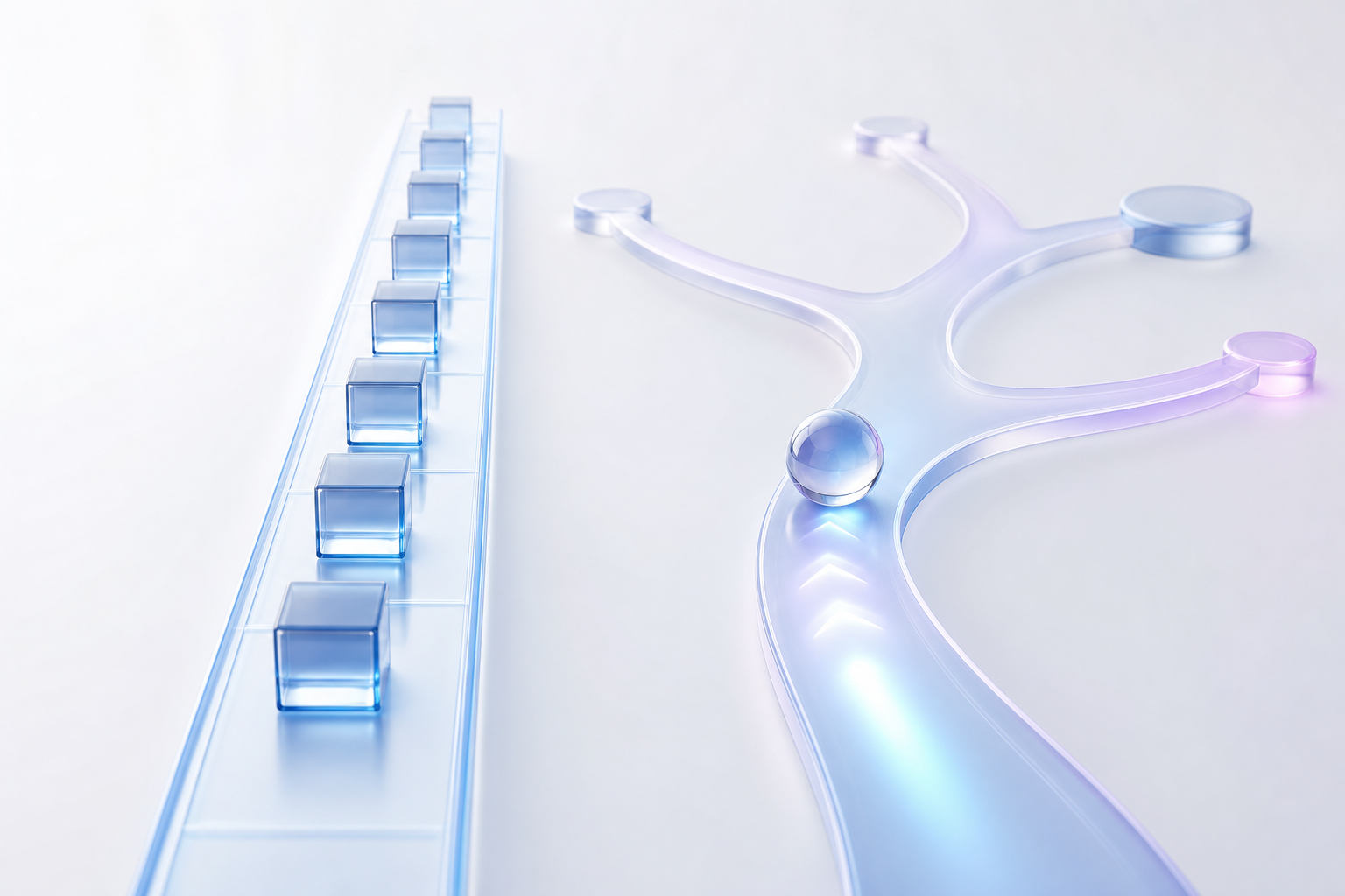 A straight rigid rail with identical blocks beside a branching path where an autonomous sphere chooses between routes, contrasting deterministic pipelines with agents