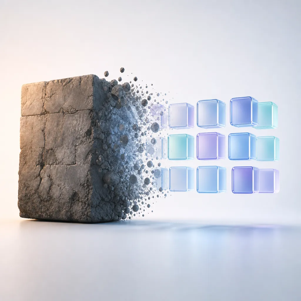 Square illustration of a legacy monolith transforming into modular components
