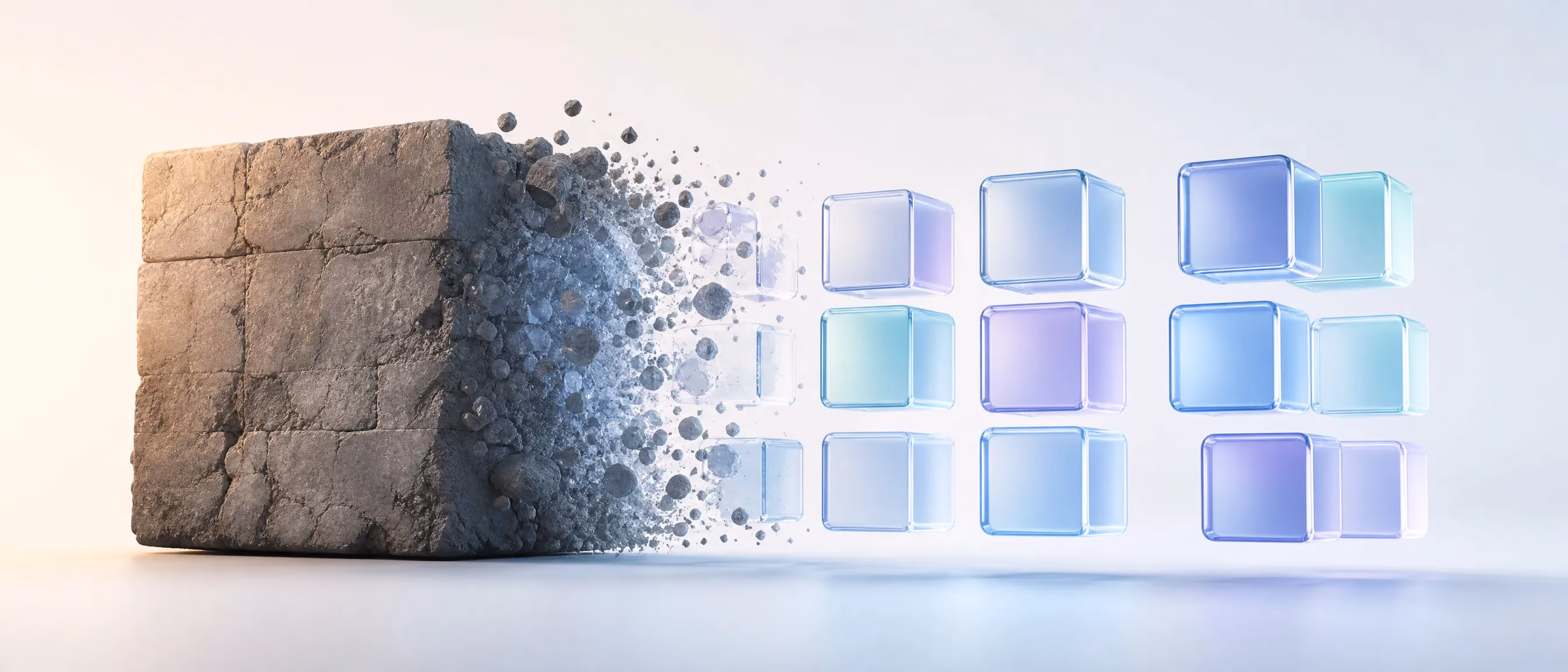 A weathered monolithic block dissolving into separate clean glass modules, representing a legacy application being modernized
