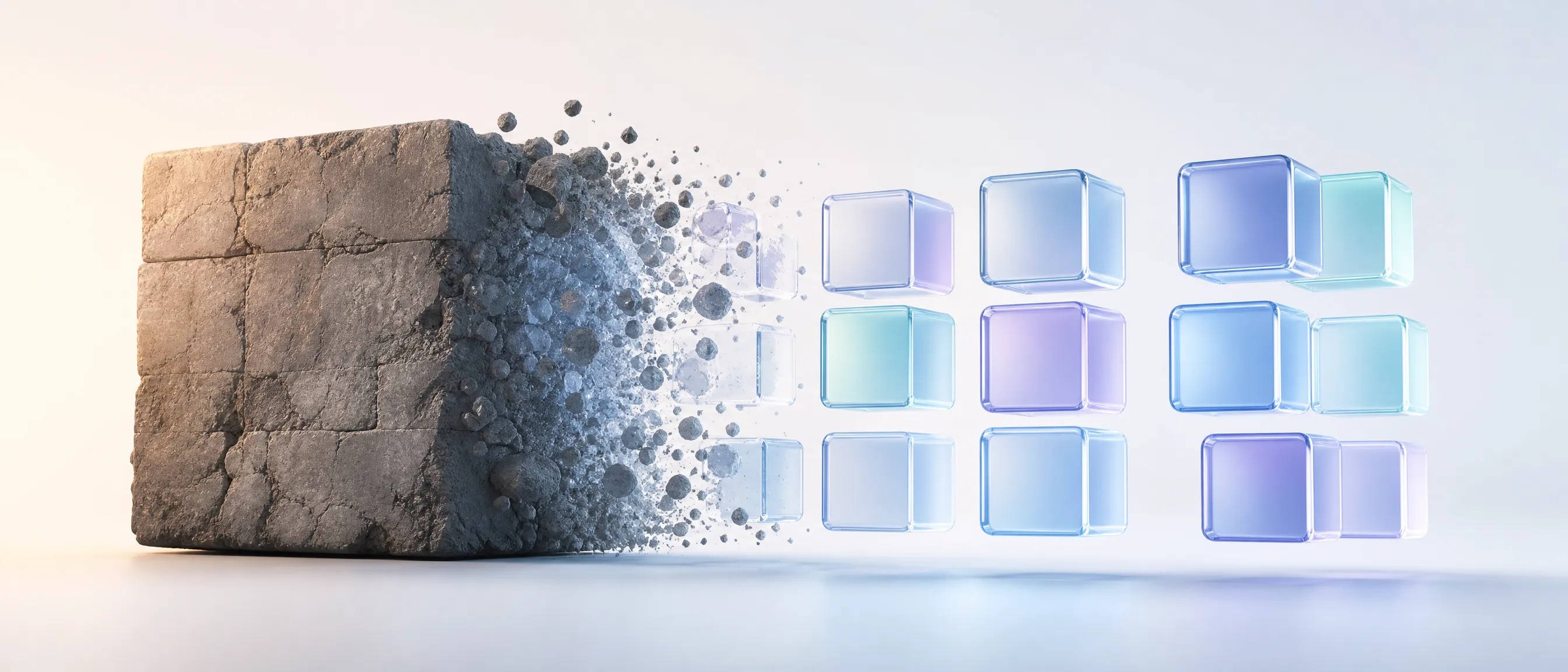A weathered monolithic block dissolving into separate clean glass modules, representing a legacy application being modernized