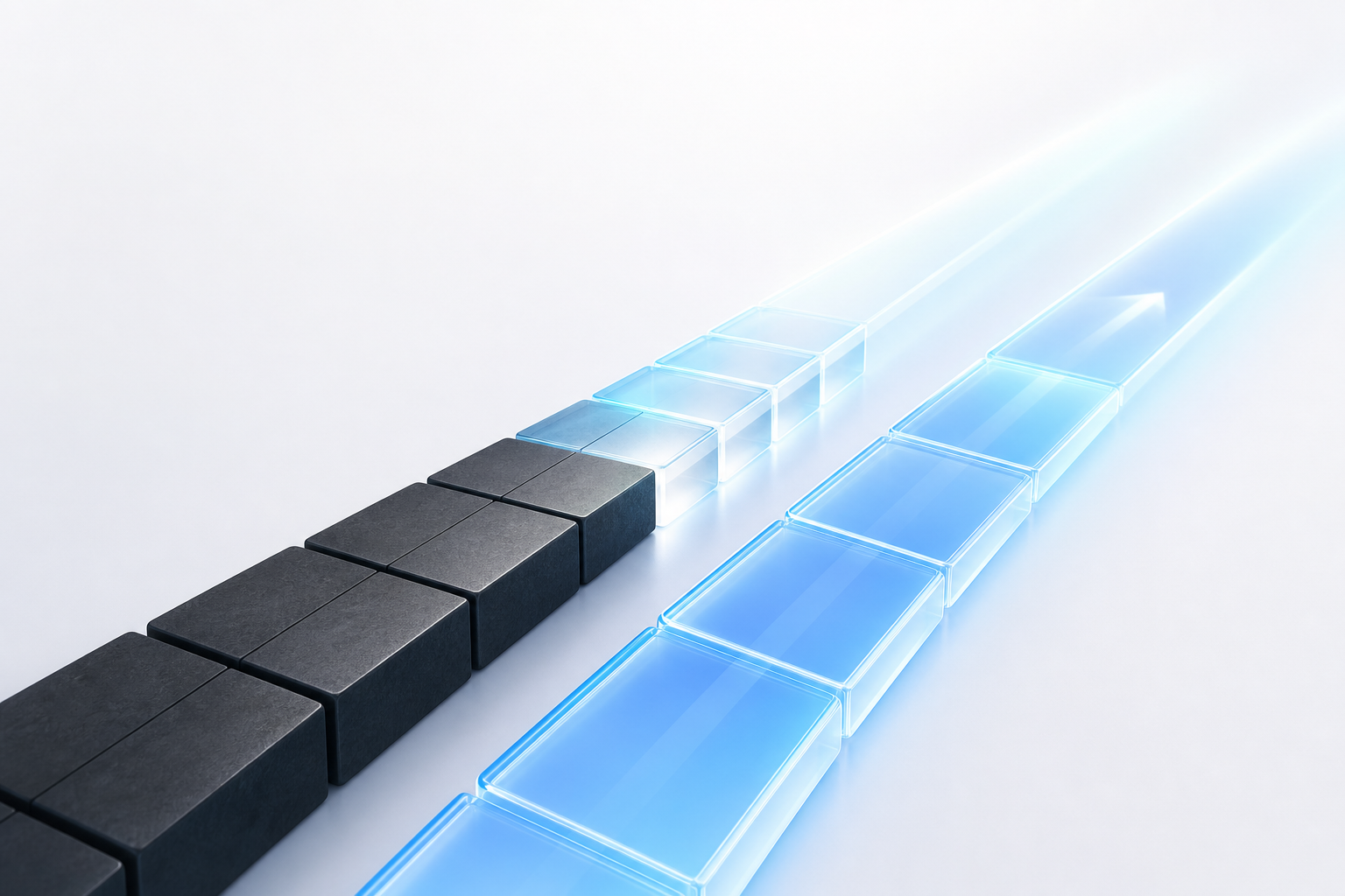 An old dark block being replaced piece by piece with bright glass segments while a parallel duplicate track carries the same flow, illustrating incremental replacement with a fallback path