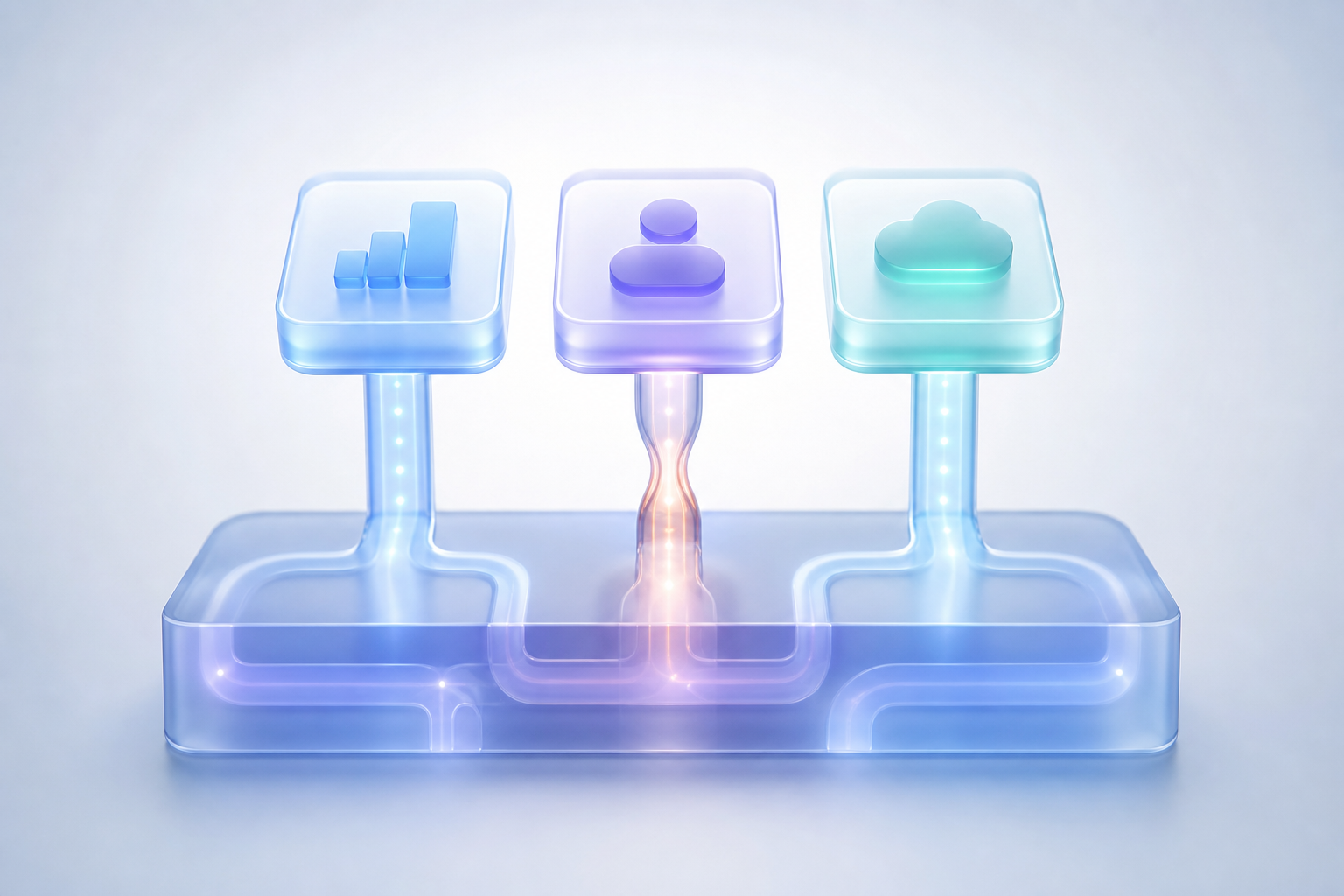 A translucent foundation slab with glowing pipes supporting three application modules above, one pipe narrowed to show the data layer constraining the application layer