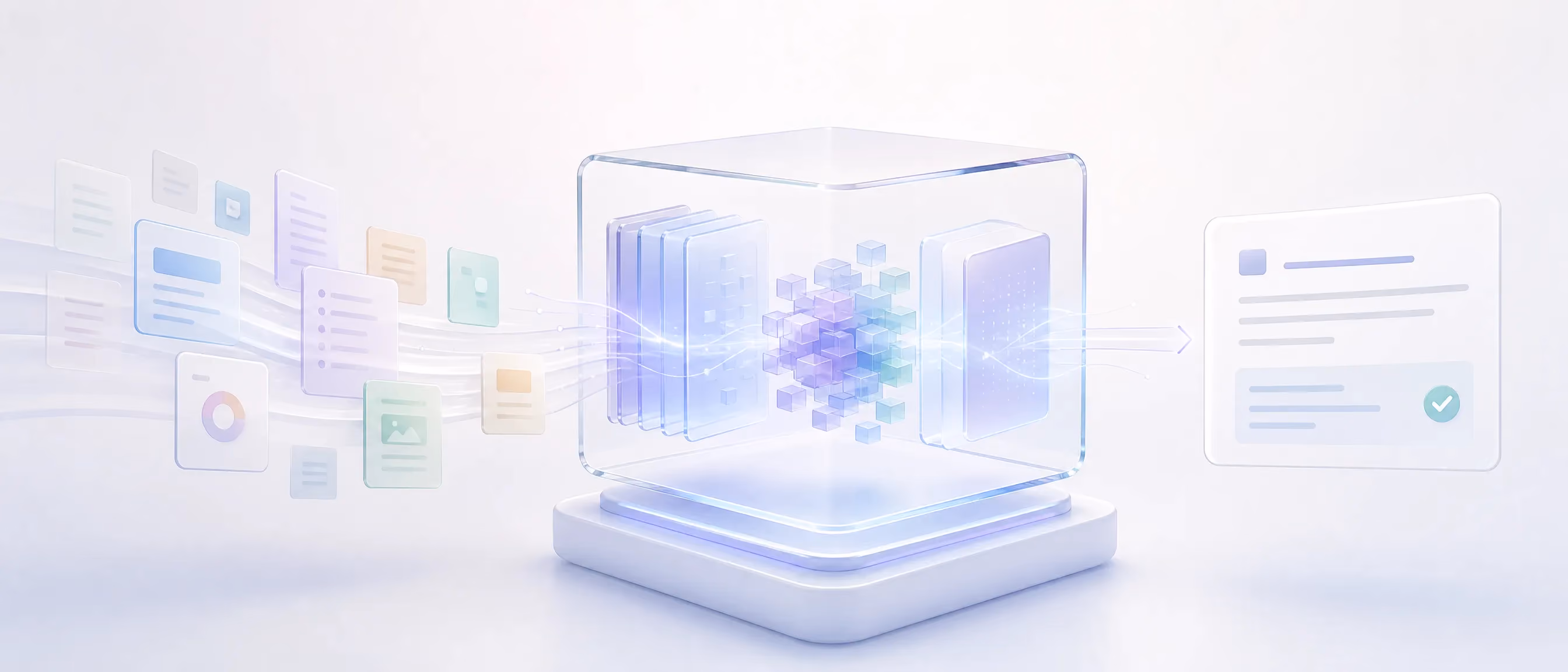 Abstract document cards streaming into a translucent glass core holding a cluster of vector cubes, with a single verified answer panel emerging on the other side, representing retrieval-augmented generation