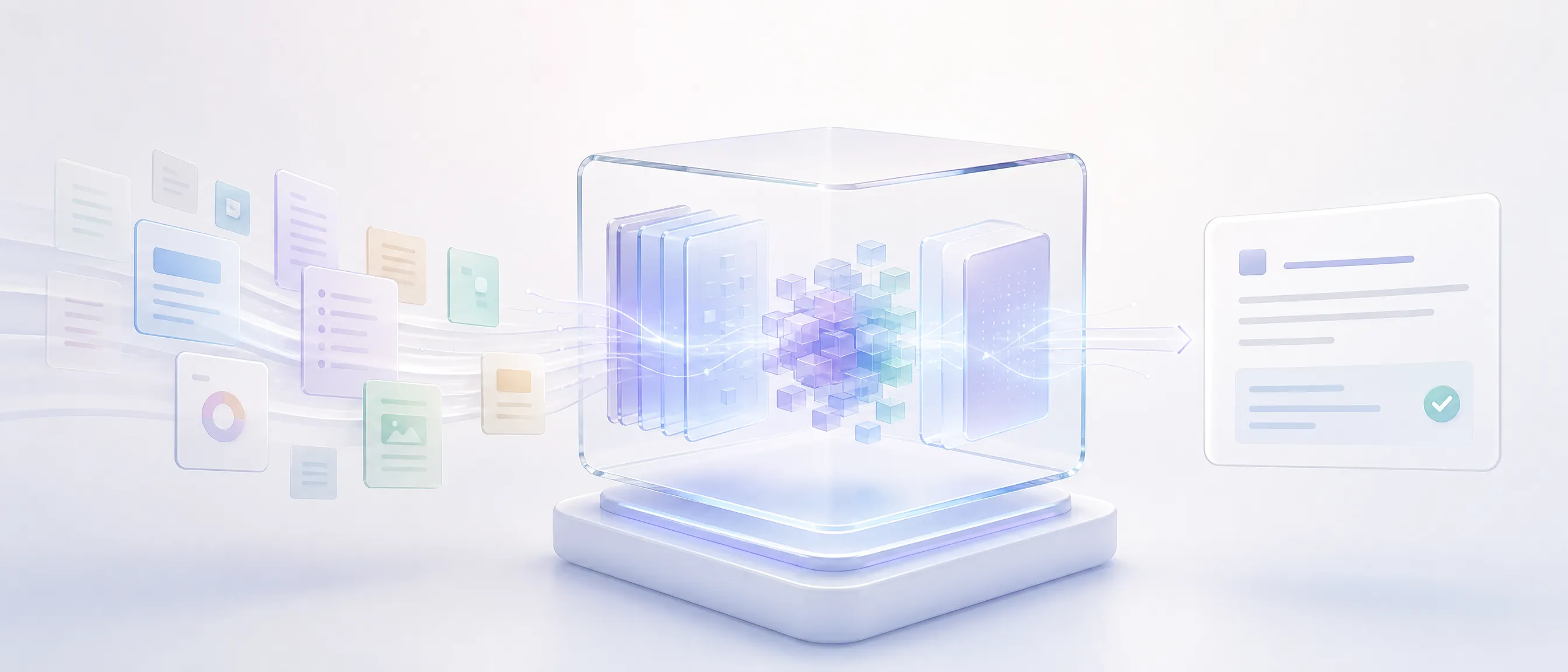 Abstract document cards streaming into a translucent glass core holding a cluster of vector cubes, with a single verified answer panel emerging on the other side, representing retrieval-augmented generation
