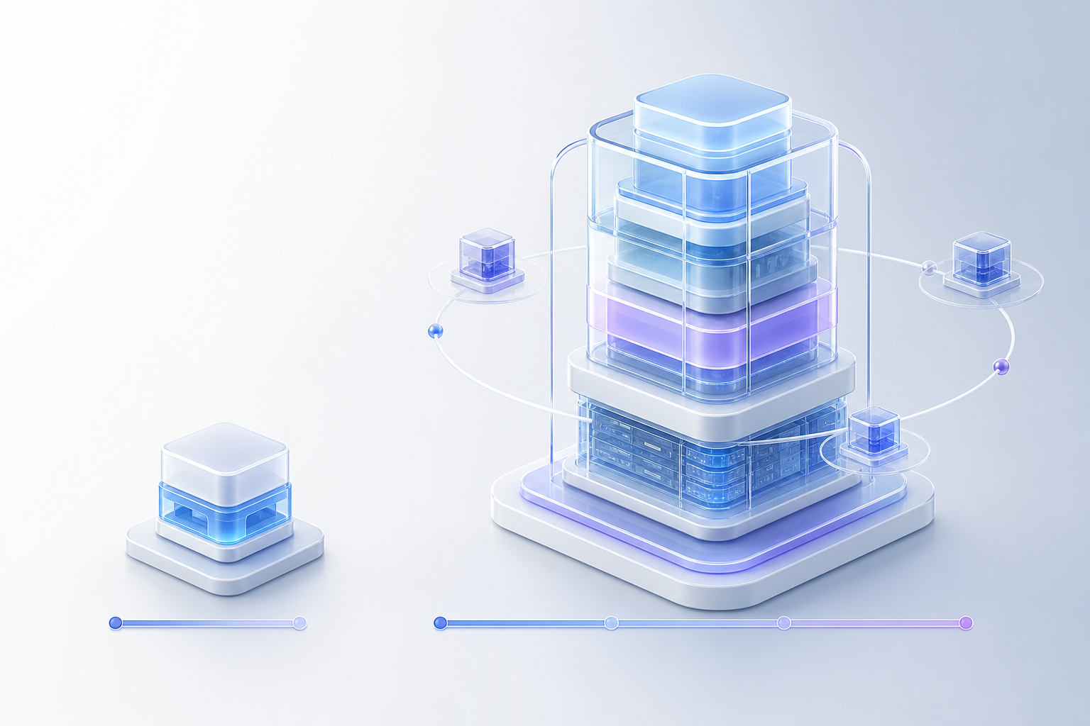 A small compact module beside a much taller multi-layer structure wrapped in protective shells, each above its own timeline ribbon, contrasting a RAG proof of concept with a production-hardened build