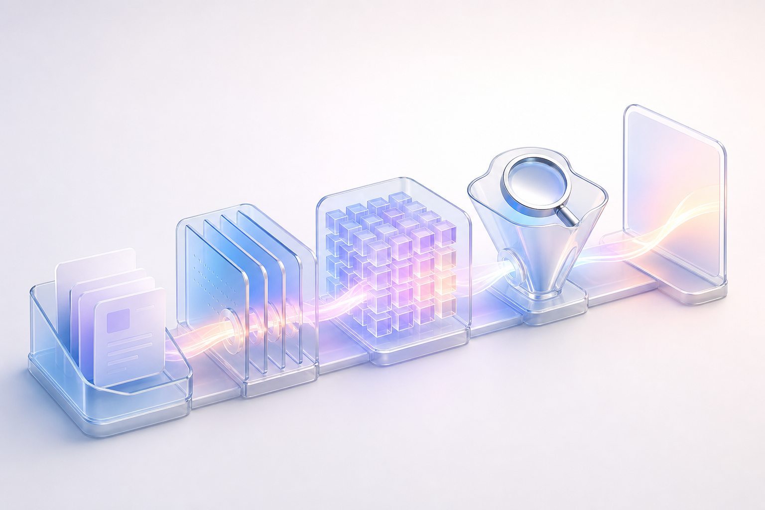 Five glass modules in sequence - a document intake tray, a splitter, a grid of vector cubes, a retrieval funnel with a magnifier, and an output panel - showing the five stages of a RAG pipeline