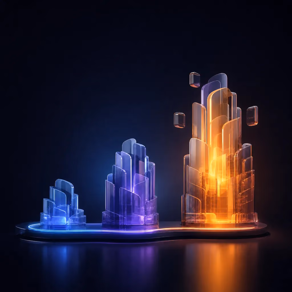 Square view of three glass structures of increasing height on a dark platform with the tallest lit amber, representing MVP cost tiers