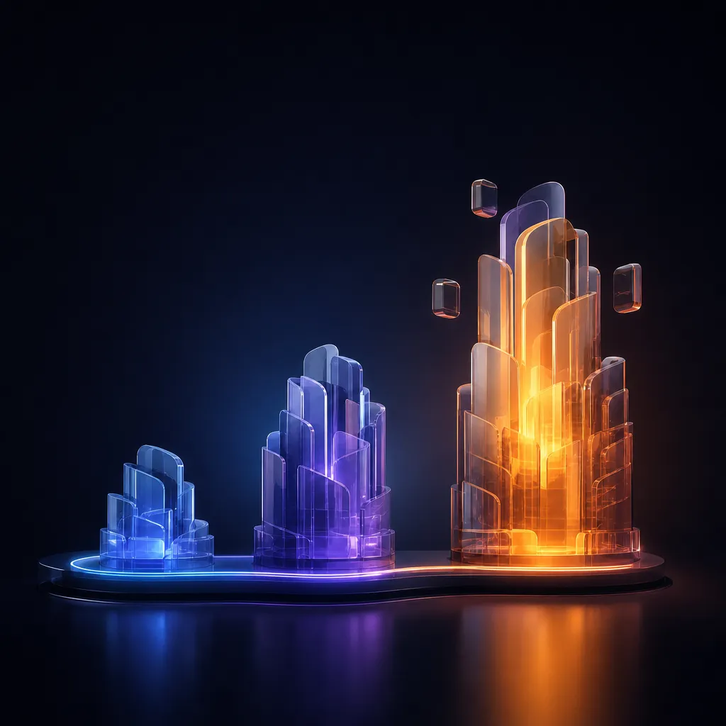 Square view of three glass structures of increasing height on a dark platform with the tallest lit amber, representing MVP cost tiers