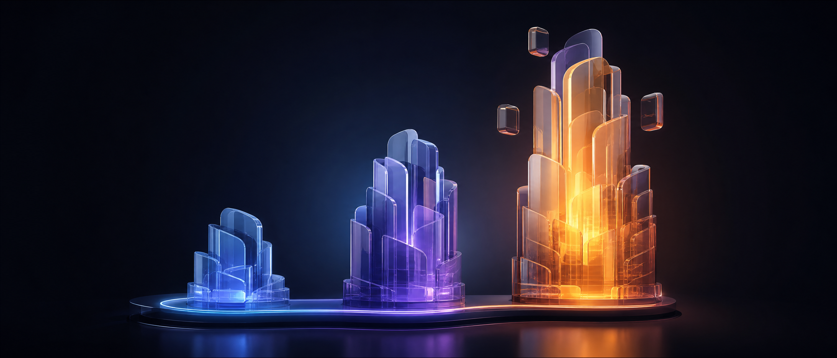 Three translucent glass structures of increasing height and density on a dark reflective platform, the tallest lit from within by a warm amber glow, representing rising MVP cost tiers