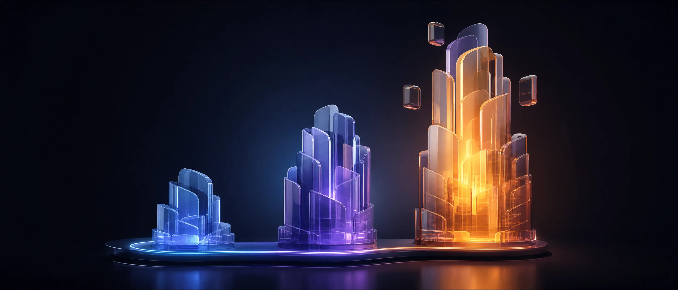 Three translucent glass structures of increasing height and density on a dark reflective platform, the tallest lit from within by a warm amber glow, representing rising MVP cost tiers