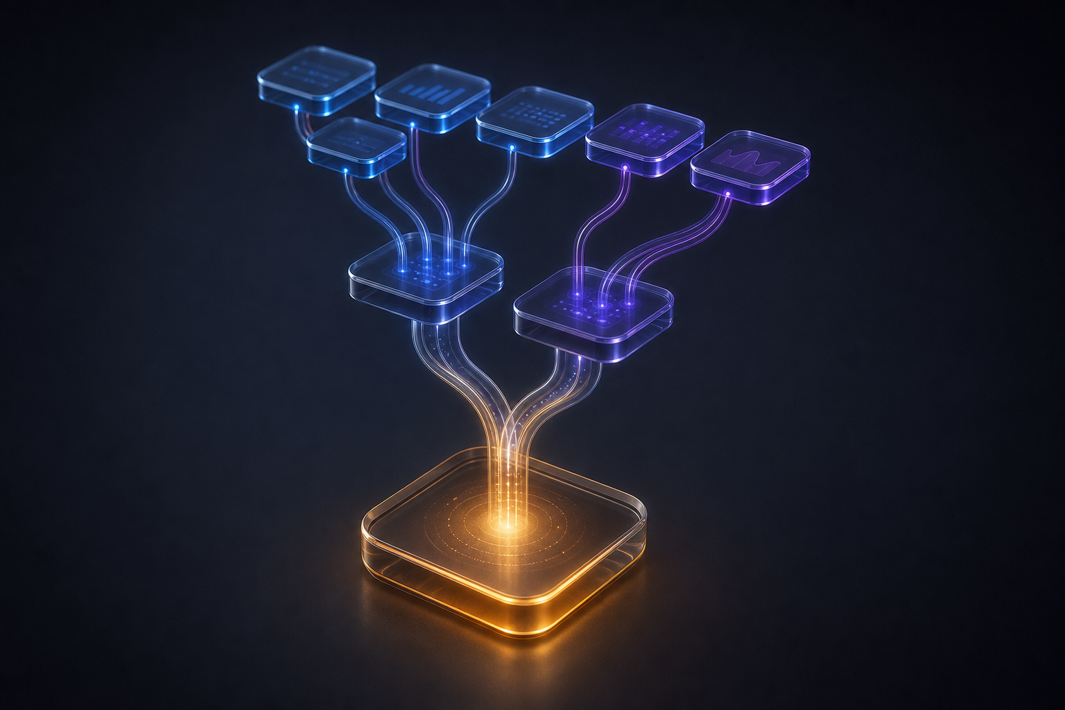 Small input plates at the top funnelling down through two narrowing tiers of connectors into a single amber-lit output plate, representing how an MVP cost estimate is narrowed down