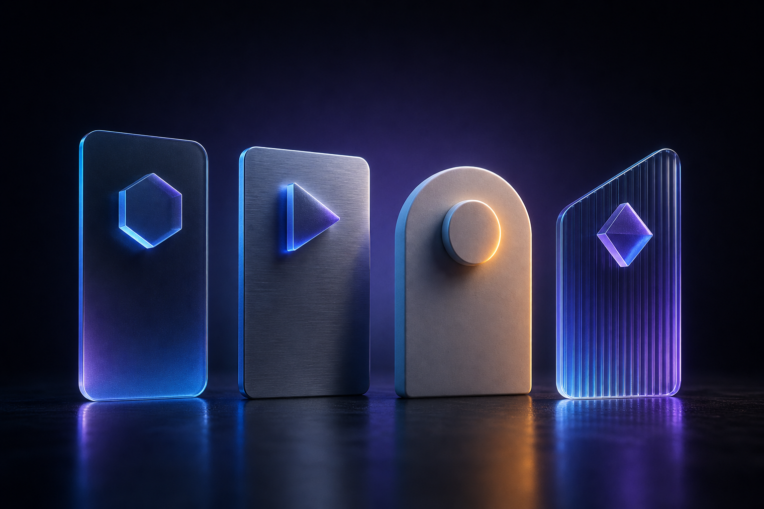 Four cards in different dark finishes standing side by side, each carrying a different geometric emblem, representing the concierge, Wizard of Oz, landing page and single-feature MVP types