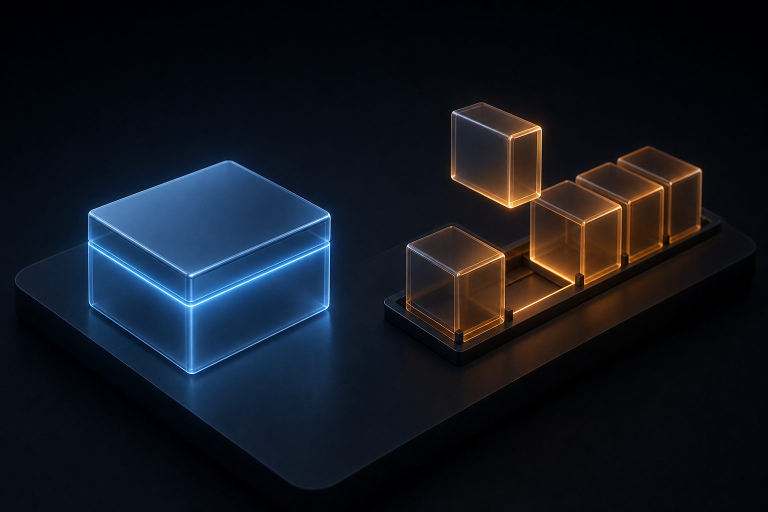 A sealed rigid box with a glowing seam beside an open modular rail of detachable segments with one segment being added, contrasting fixed-scope pricing with time and materials