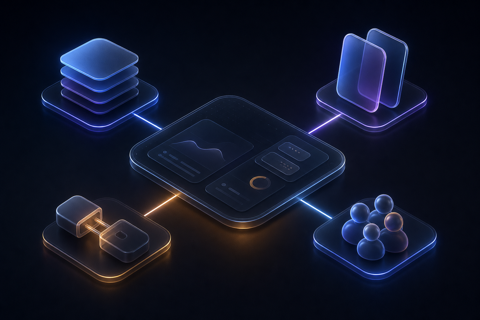 A dark glass dashboard panel with four modules wired into it - a layered stack, overlapping device slabs, a plug and socket, and a cluster of pebbles - representing scope, platform, integrations and team as MVP cost drivers