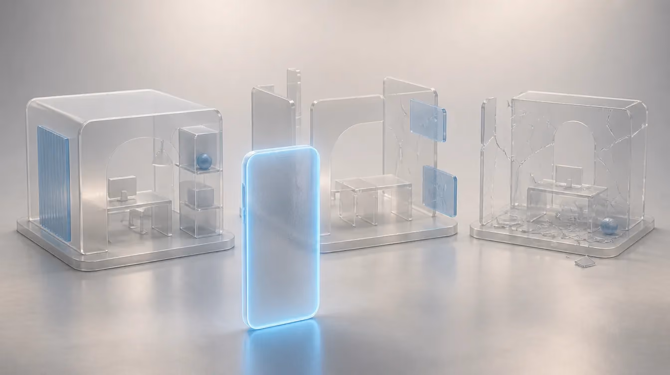 Square view of a glass smartphone slab with three build-quality modules behind it