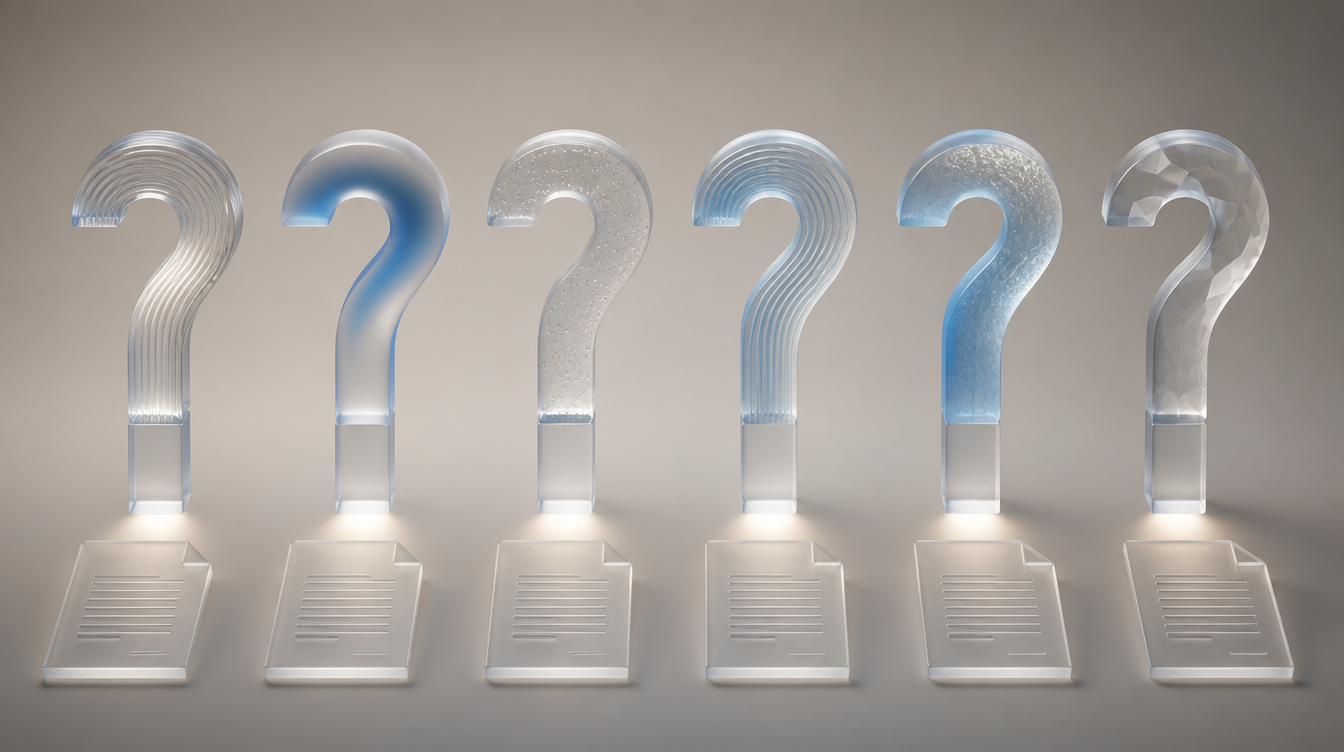 Six tall glass question-mark pillars in a row, each casting light onto a small contract-shaped plate beneath it