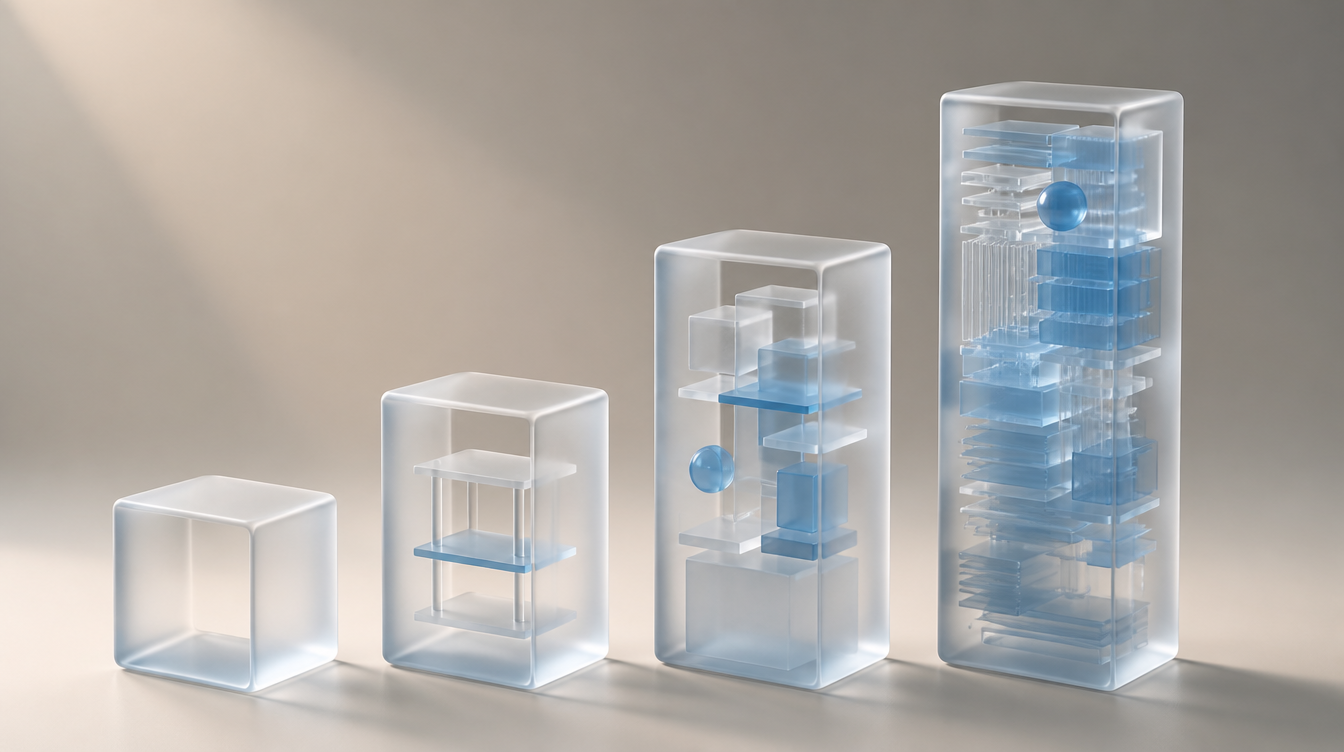 Four glass cost blocks of increasing height and internal complexity arranged as an ascending staircase