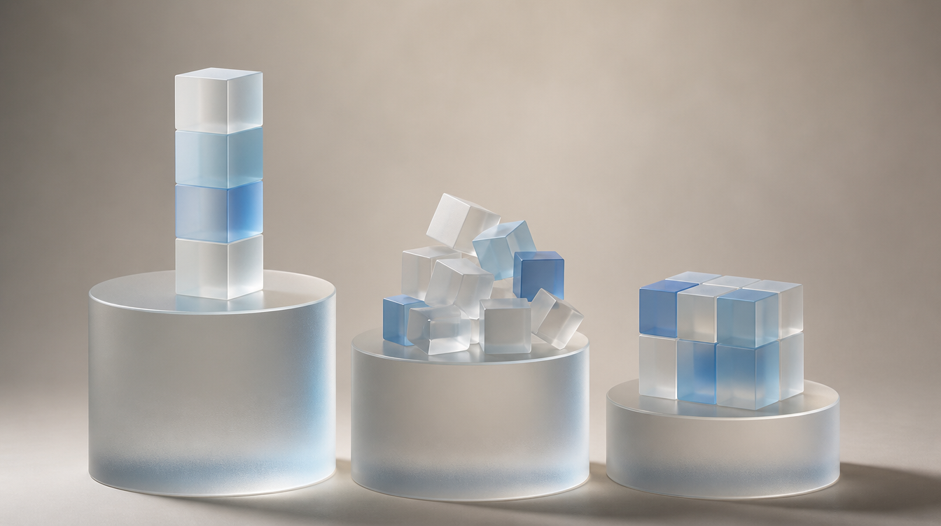 Three glass platforms side by side carrying different arrangements of building blocks, comparing an agency, a freelance marketplace and an in-house team