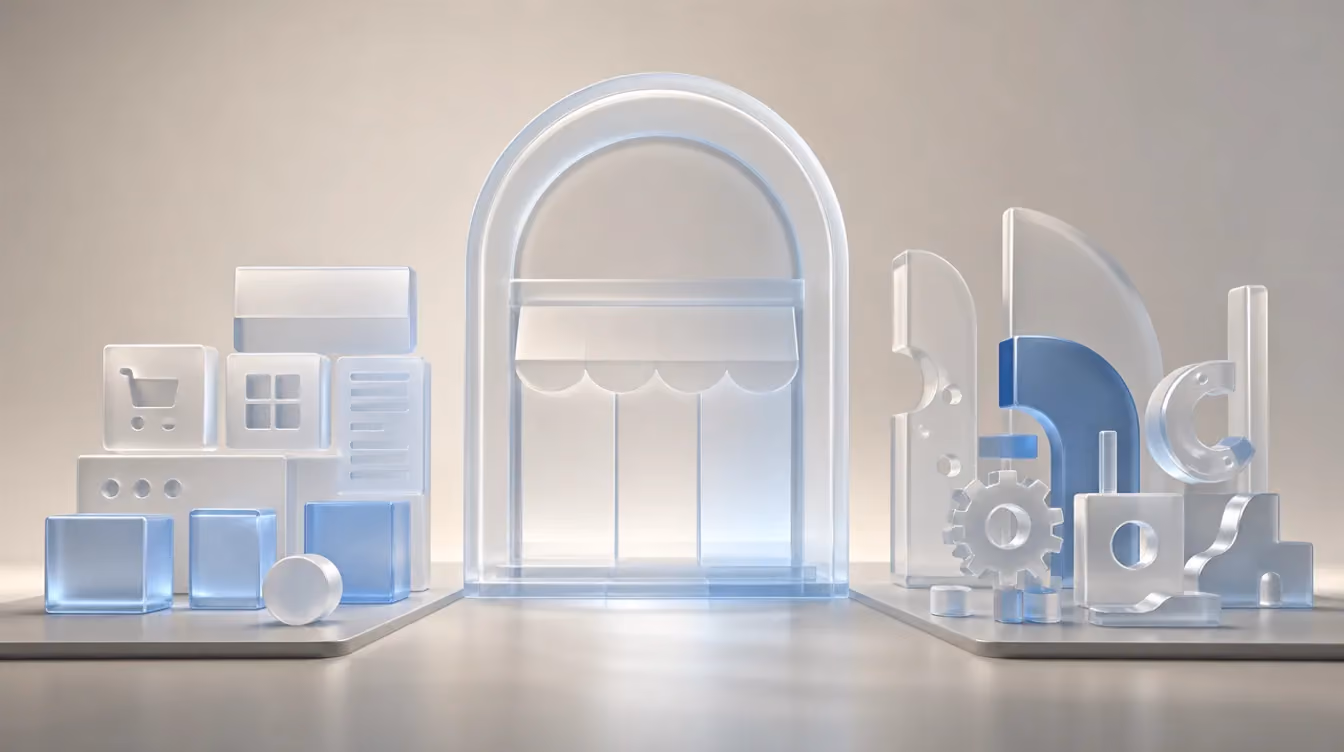 Square view of a glass storefront arch between a modular kit and custom components
