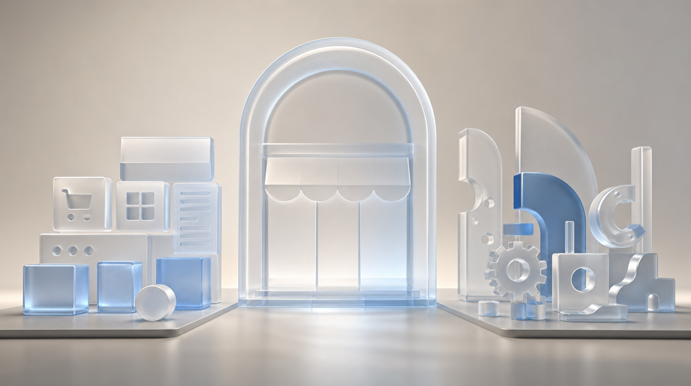 A glass storefront arch with a ready-made modular kit on one side and individually machined custom components on the other, representing platform versus custom ecommerce