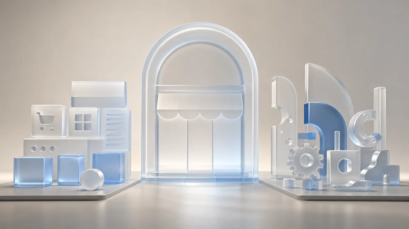 A glass storefront arch with a ready-made modular kit on one side and individually machined custom components on the other, representing platform versus custom ecommerce development