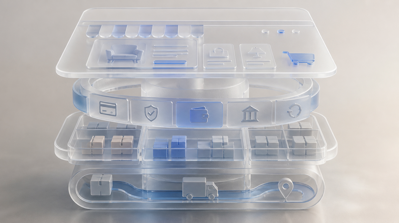 Layered glass modules stacked into one commerce system: a storefront plate, a payments ring, an inventory grid and a shipping conduit