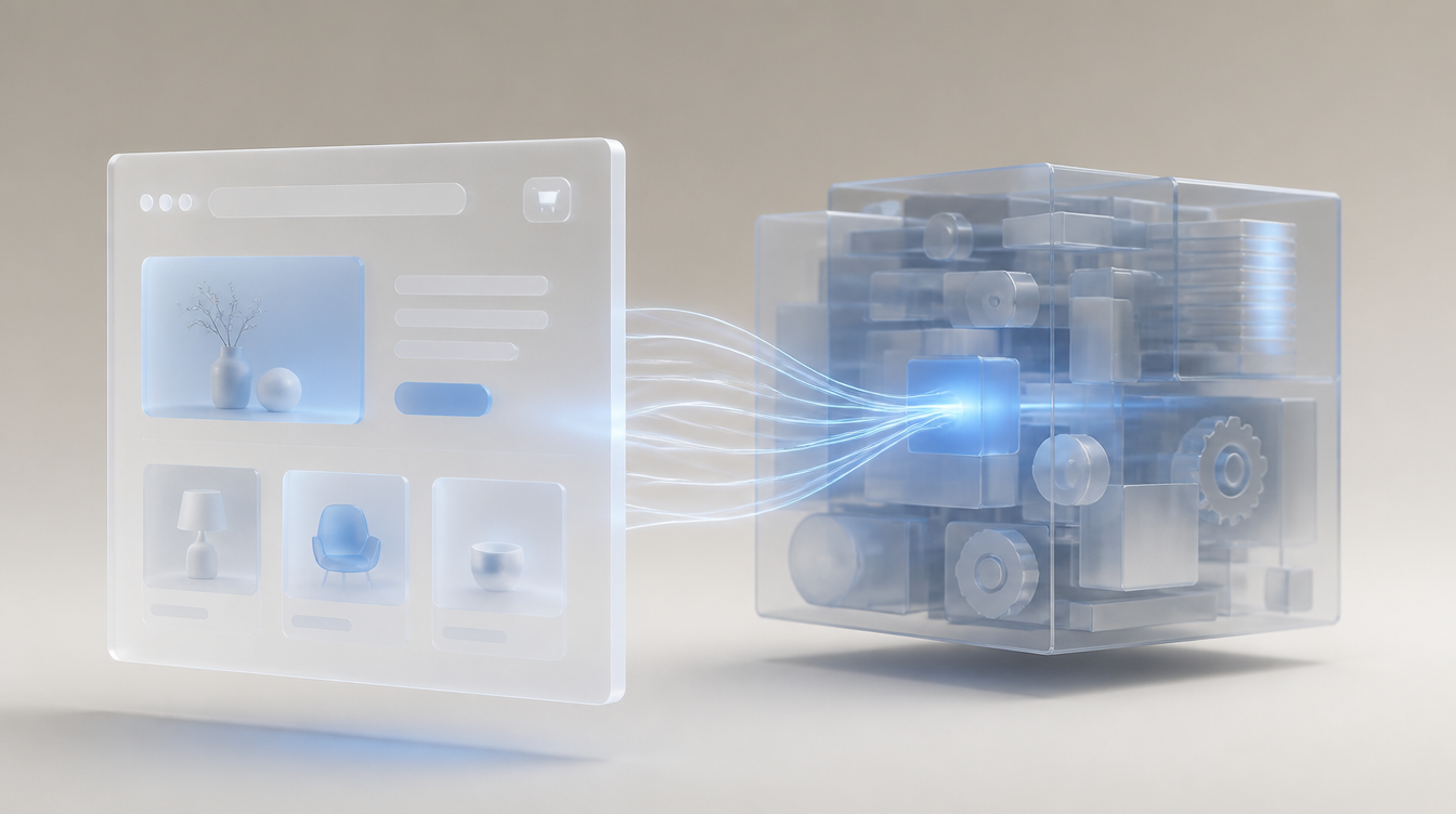 A glass storefront panel floating away from the machinery block behind it, connected only by thin light ribbons, representing headless commerce