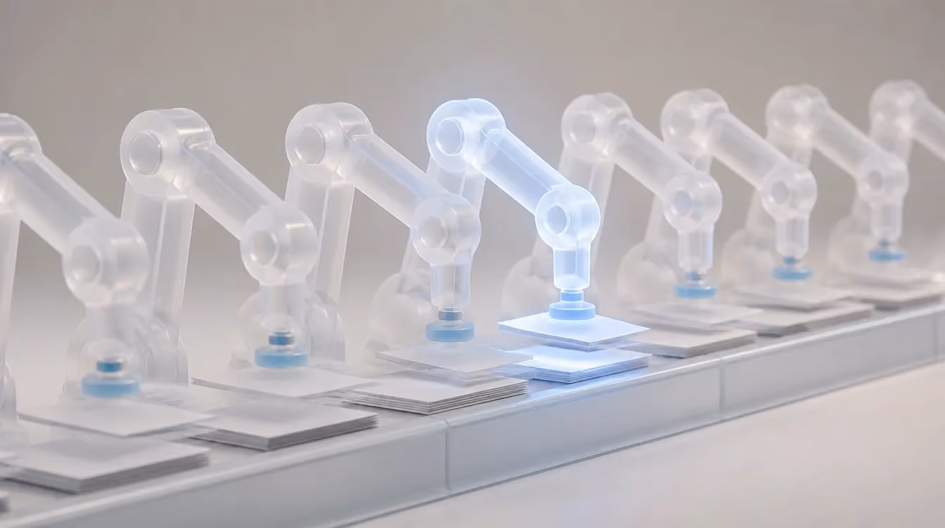 Square view of glass robotic arms working along a conveyor of documents