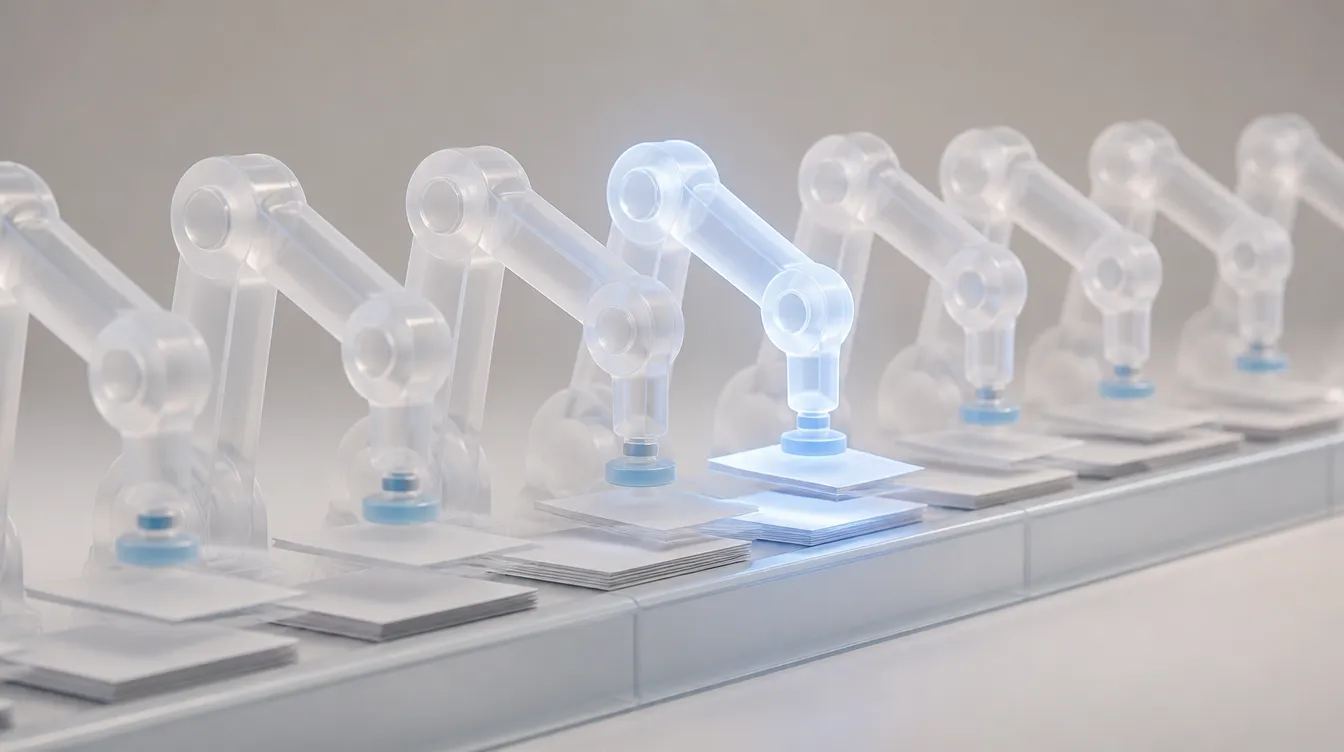 Square view of glass robotic arms working along a conveyor of documents