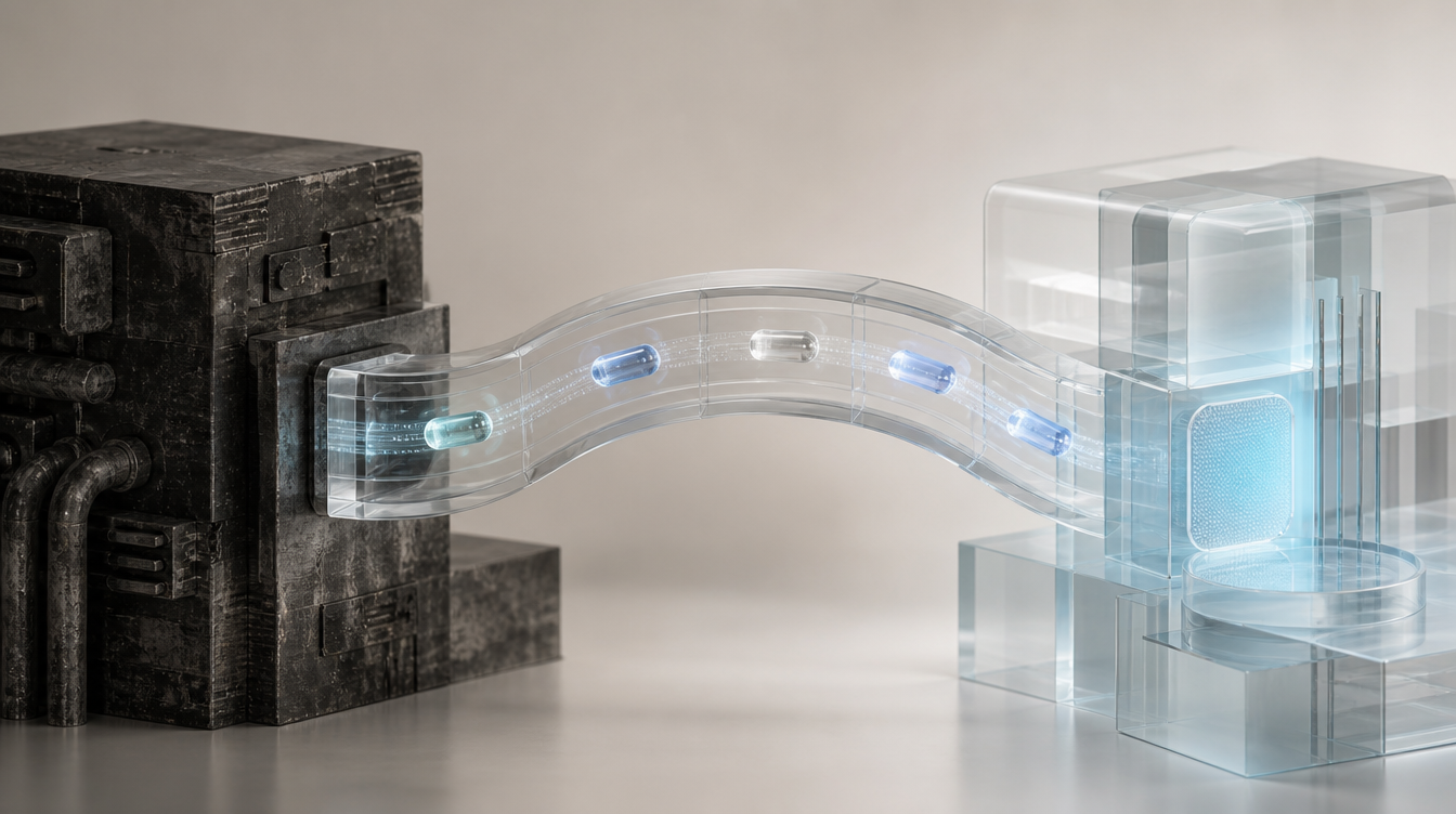 A glass bridge connecting a dark weathered legacy machine block to a clean modern glass module, with small data capsules travelling across