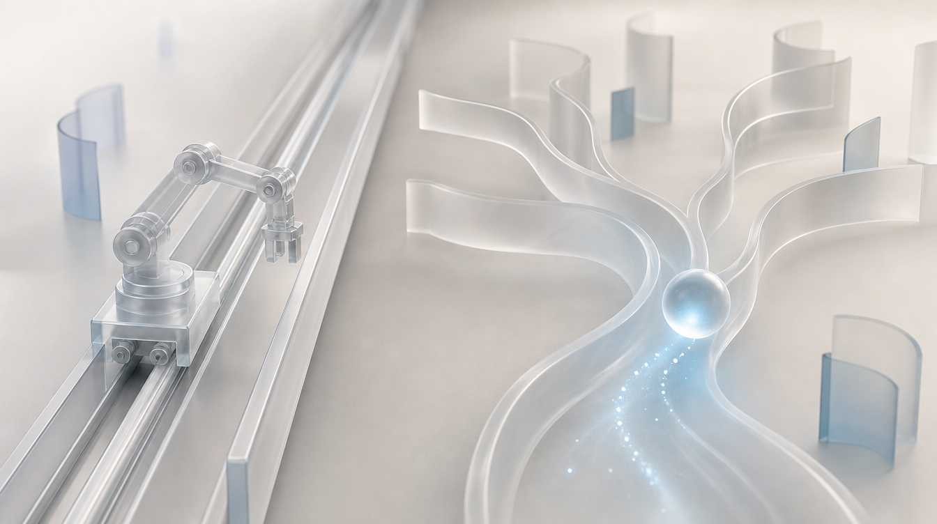 A rigid glass rail with a fixed mechanical arm on one side and a floating autonomous glass sphere choosing between branching paths on the other