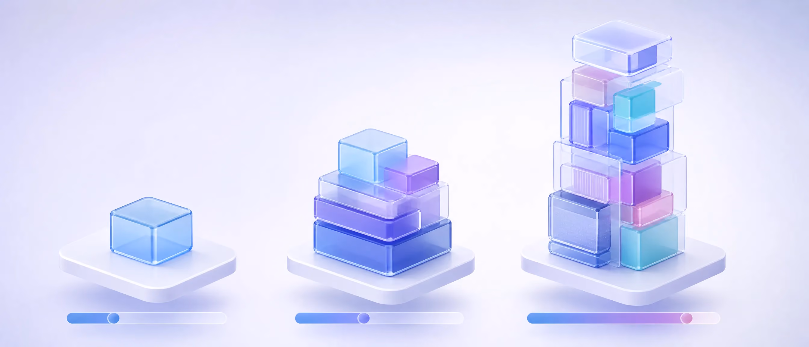 Three product structures of increasing size and complexity on floating platforms, representing discovery, proof of concept and full MVP investment tiers