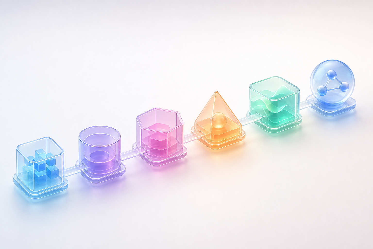 Six connected stages of an MVP development engagement, from discovery through scope, architecture, build and QA to launch