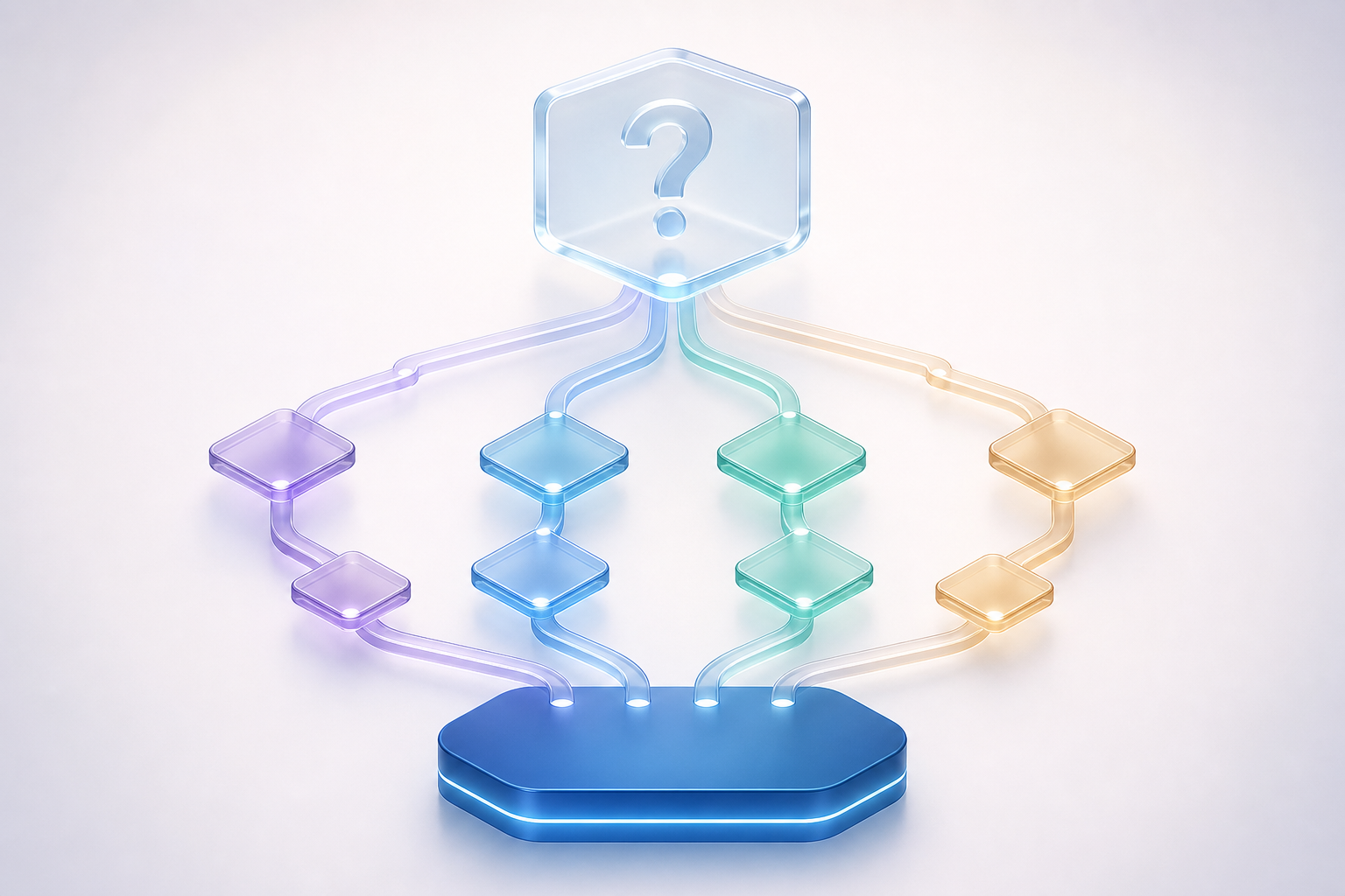 Decision tree for evaluating an MVP development company, branching from a single question into several paths that converge on one outcome