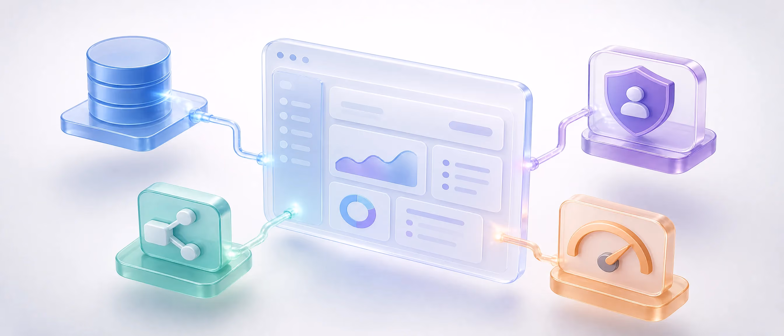 A browser application interface panel with database, API, authentication and monitoring modules connecting into it