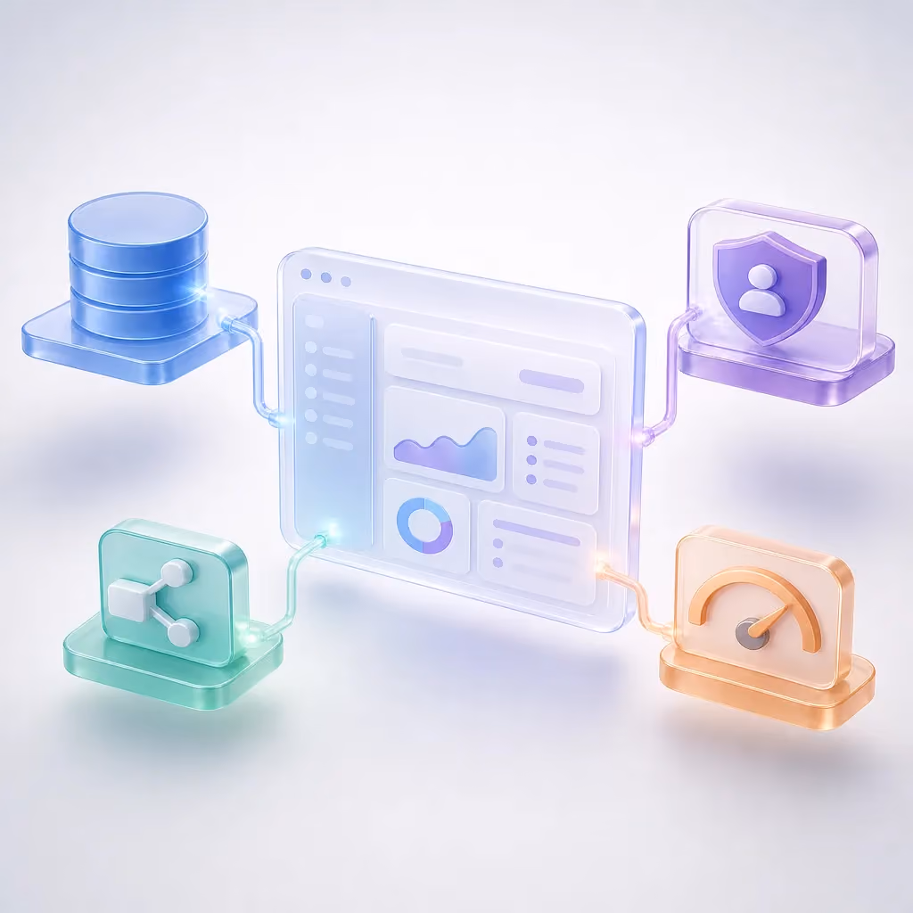 A browser application interface panel with database, API, authentication and monitoring modules connecting into it
