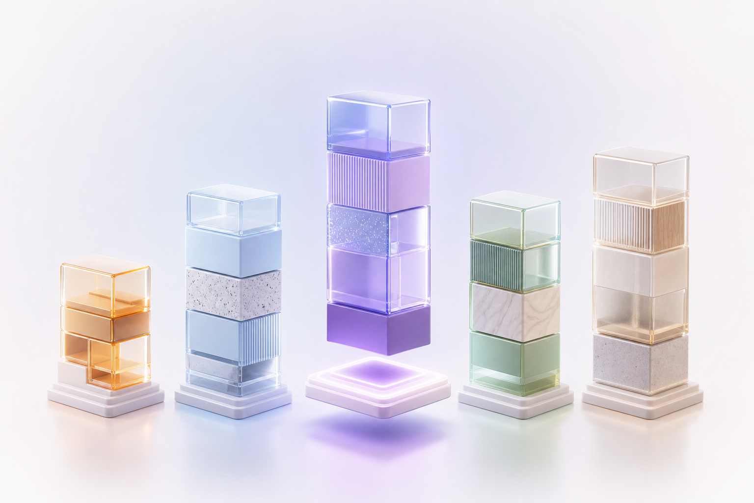 Five candidate technology stacks shown as towers of differing height and finish, with one lifted as the selected option
