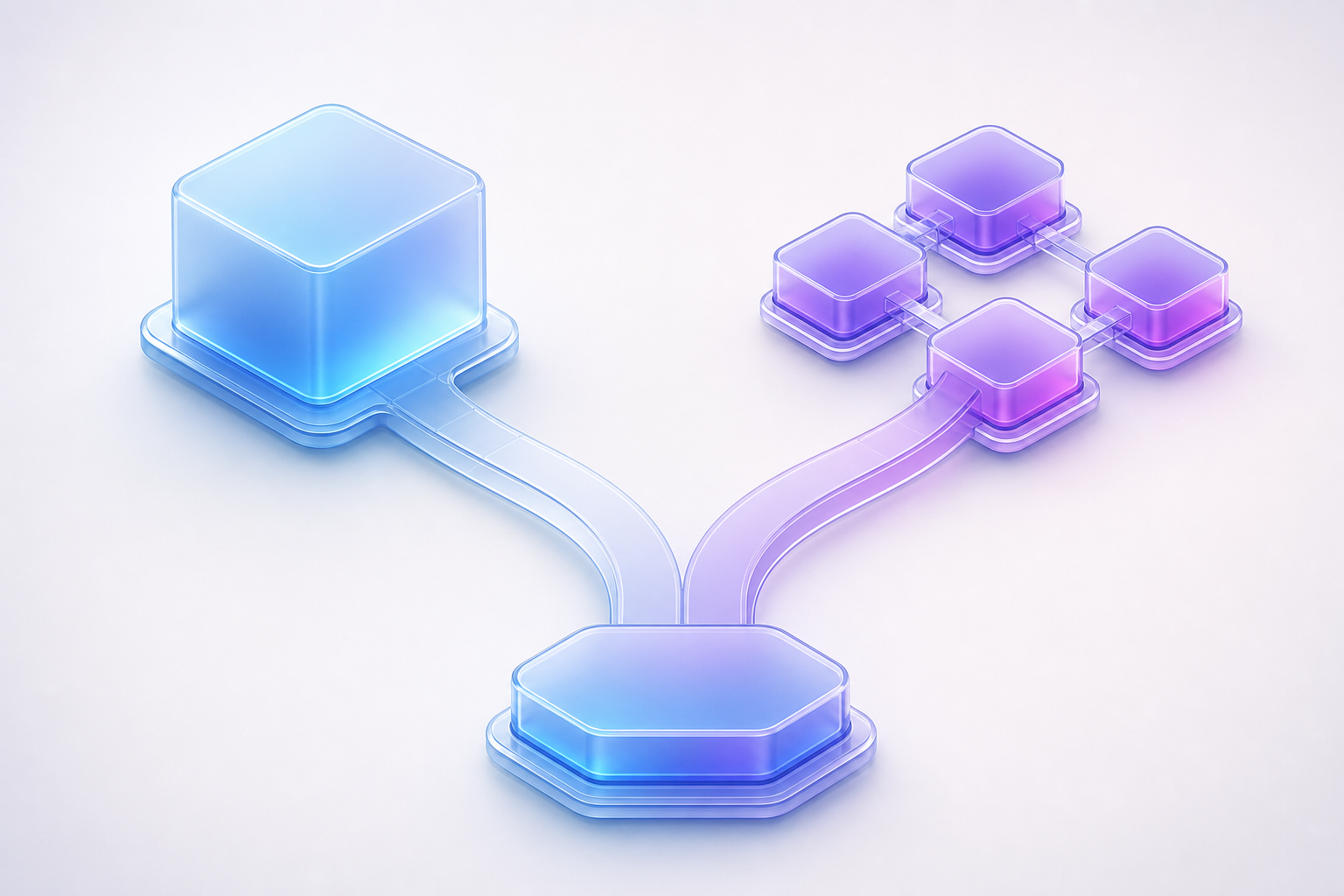 A decision fork rising from one foundation into a single monolithic block on one side and a cluster of connected modules on the other