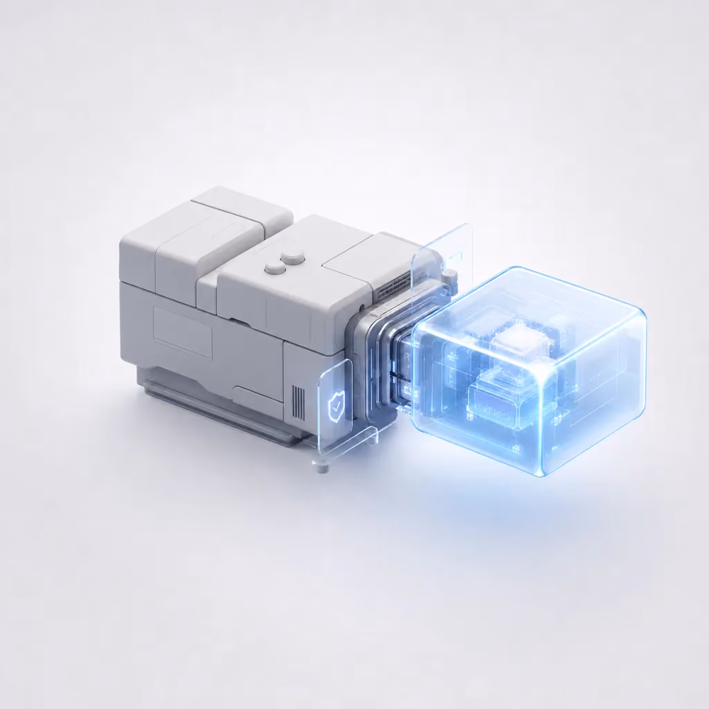An established matte system structure joined to a new luminous glass intelligence module at a connector interface