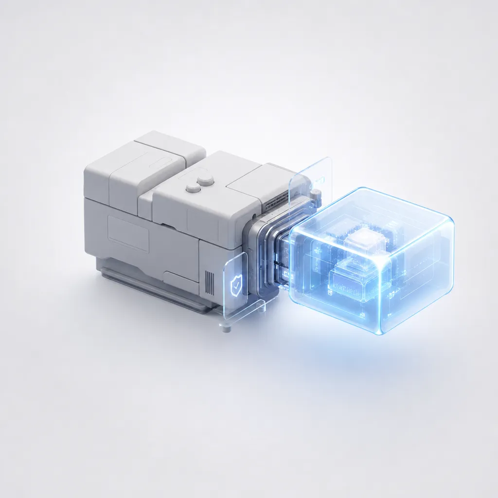 An established matte system structure joined to a new luminous glass intelligence module at a connector interface
