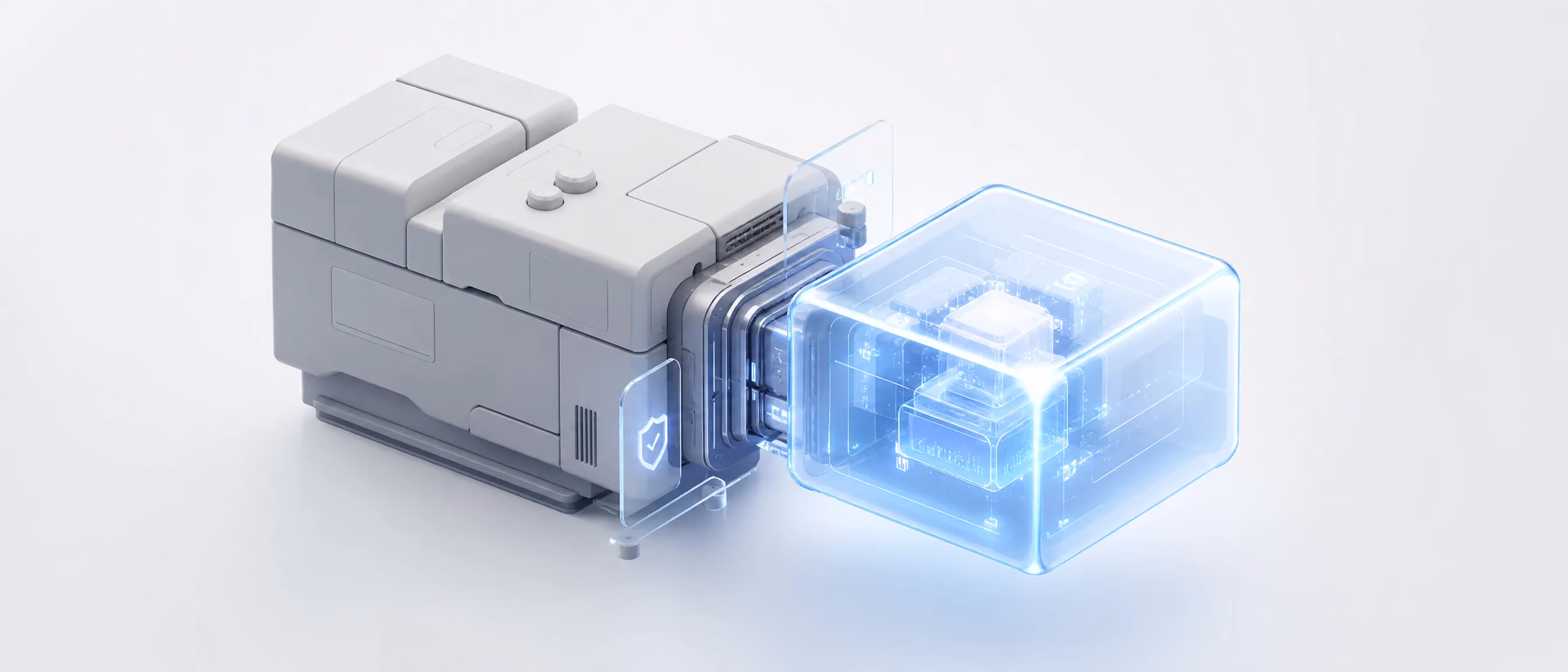 An established matte system structure joined to a new luminous glass intelligence module at a connector interface with guard elements around the joint