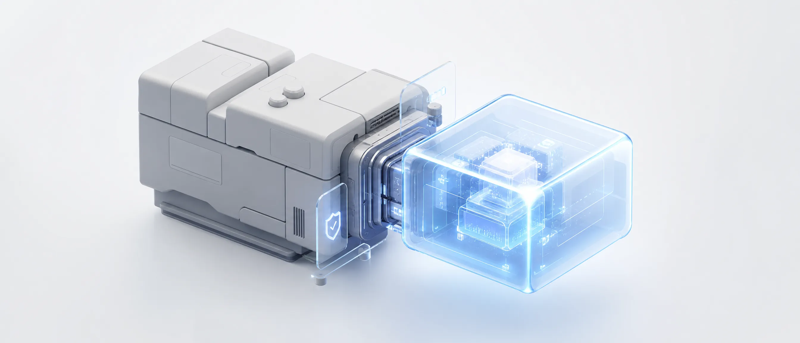 An established matte system structure joined to a new luminous glass intelligence module at a connector interface with guard elements around the joint