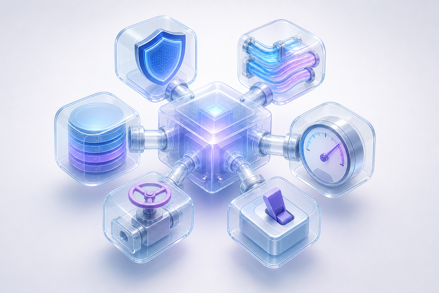 A central system core with six docked subsystems representing authentication, data pipeline, vector storage, monitoring, rate limiting and fallback handling