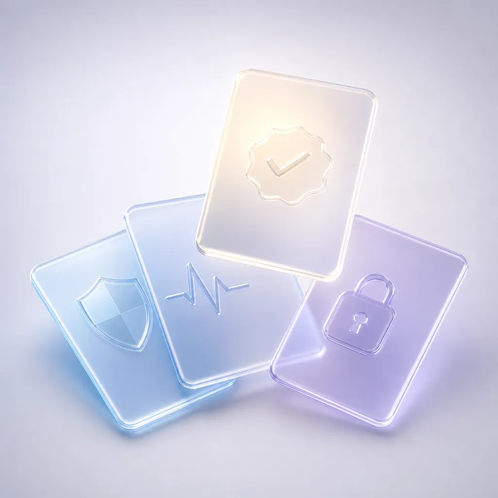 Square illustration of fanned glass vendor dossier cards with one card lit as the shortlisted choice