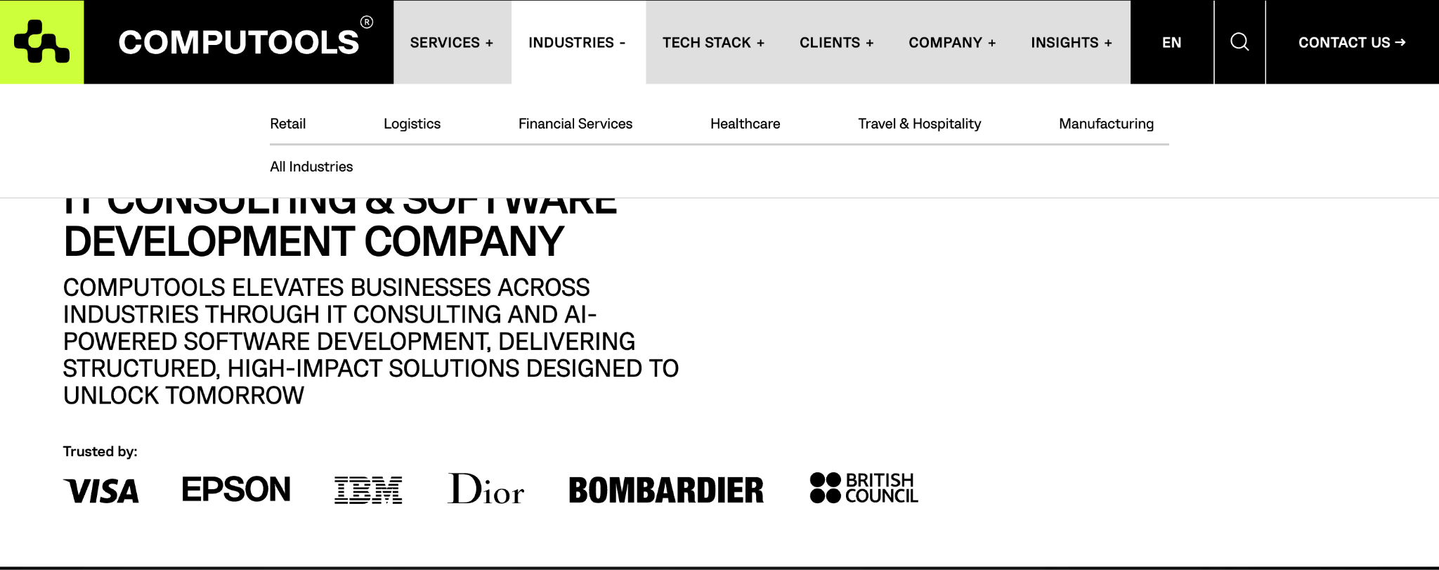 Computools website homepage presenting its fintech and banking software practice