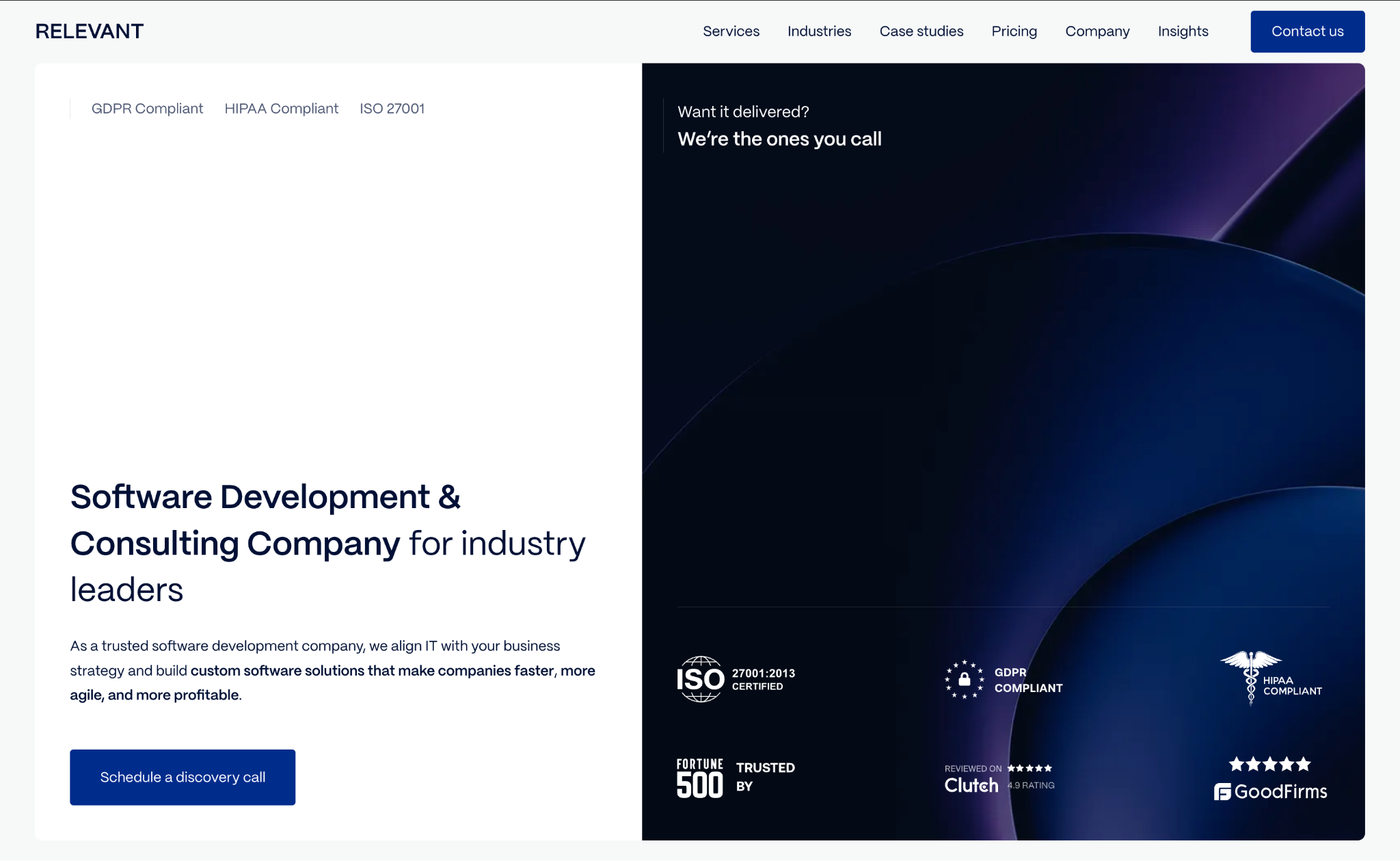 Relevant Software website homepage presenting its fintech and banking development practice