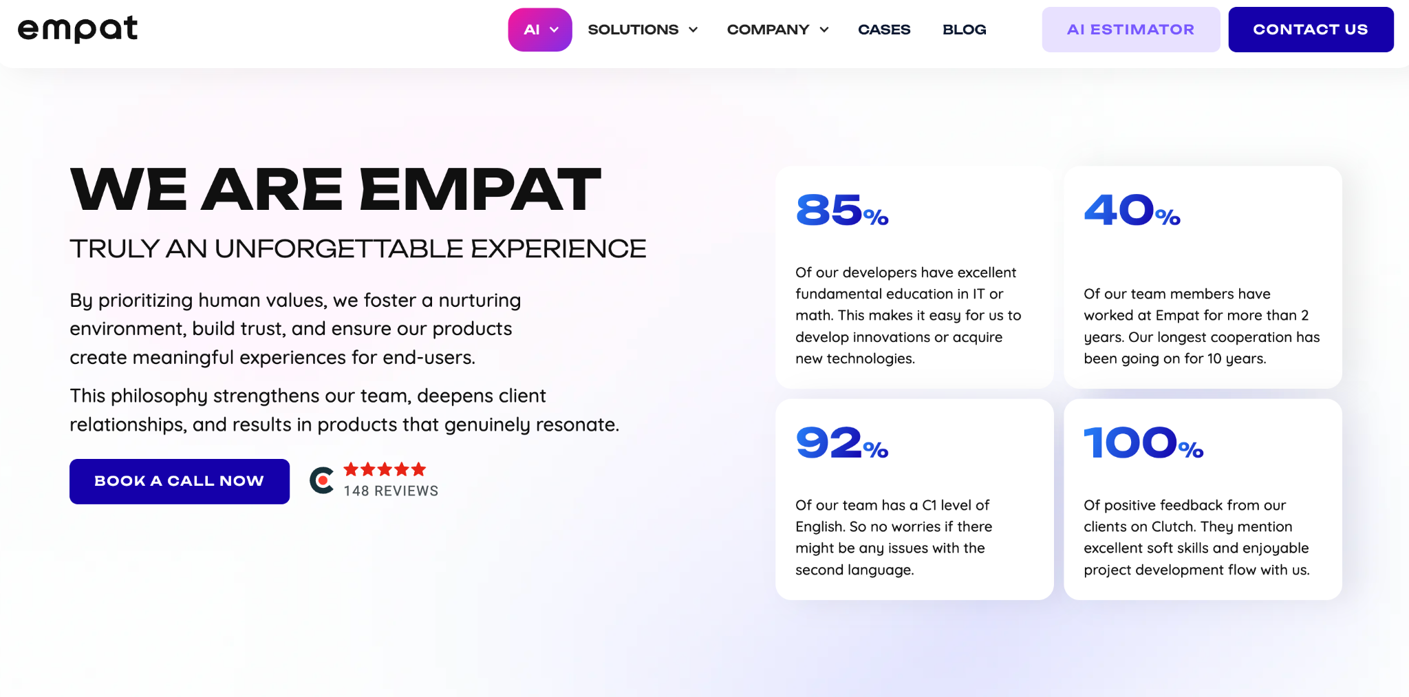 Empat website homepage highlighting team statistics and its five-star Clutch rating