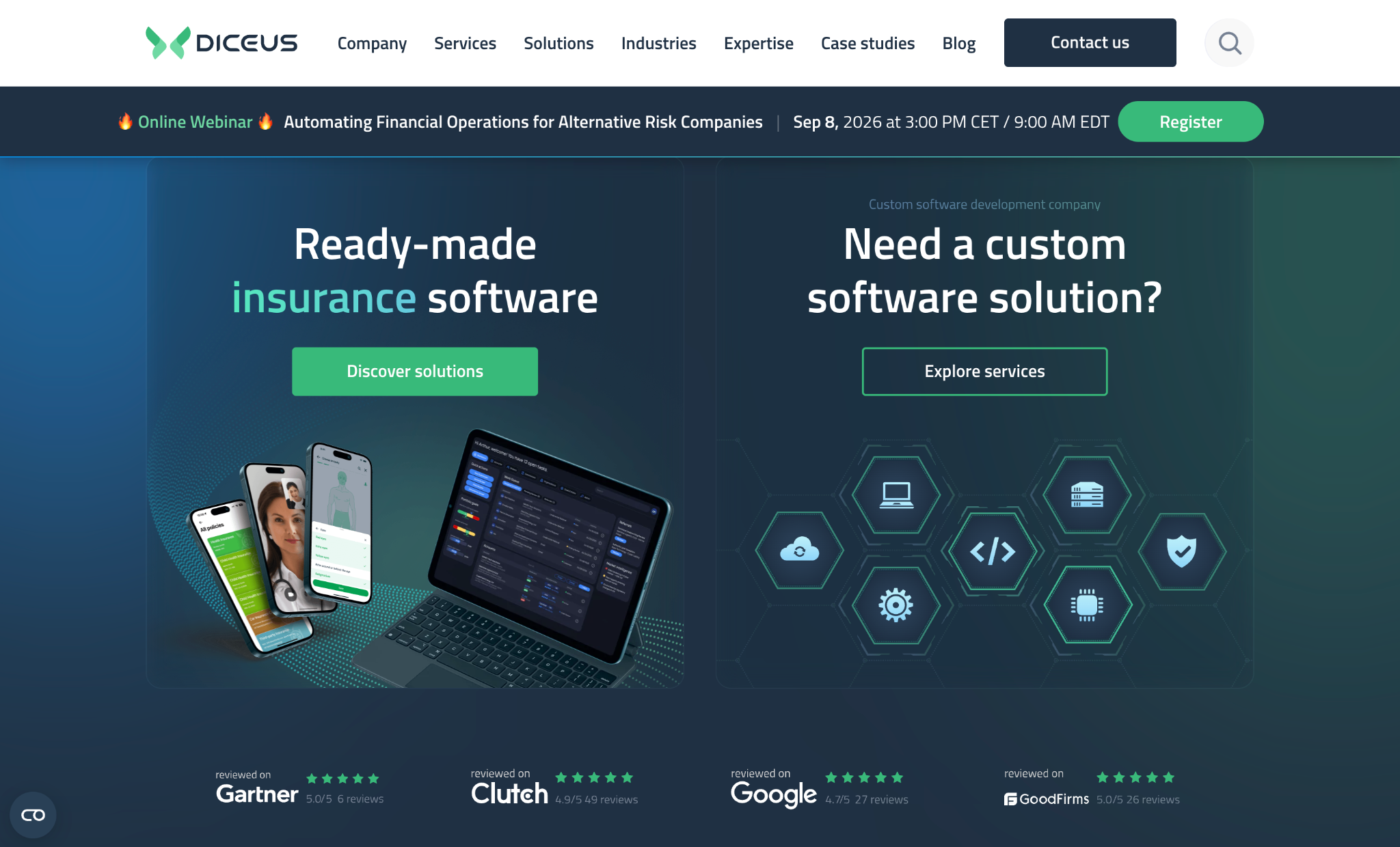 DICEUS homepage promoting ready-made insurance software and custom development services