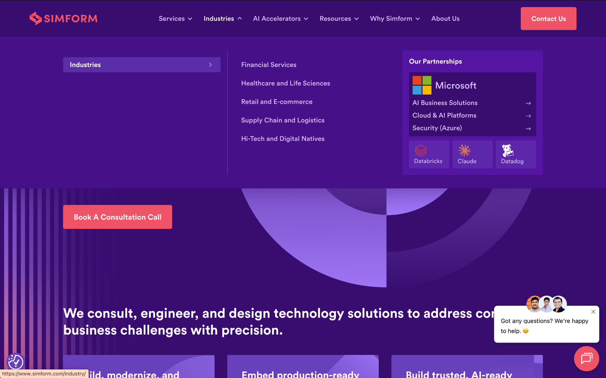 Simform website homepage presenting its digital engineering and cloud services