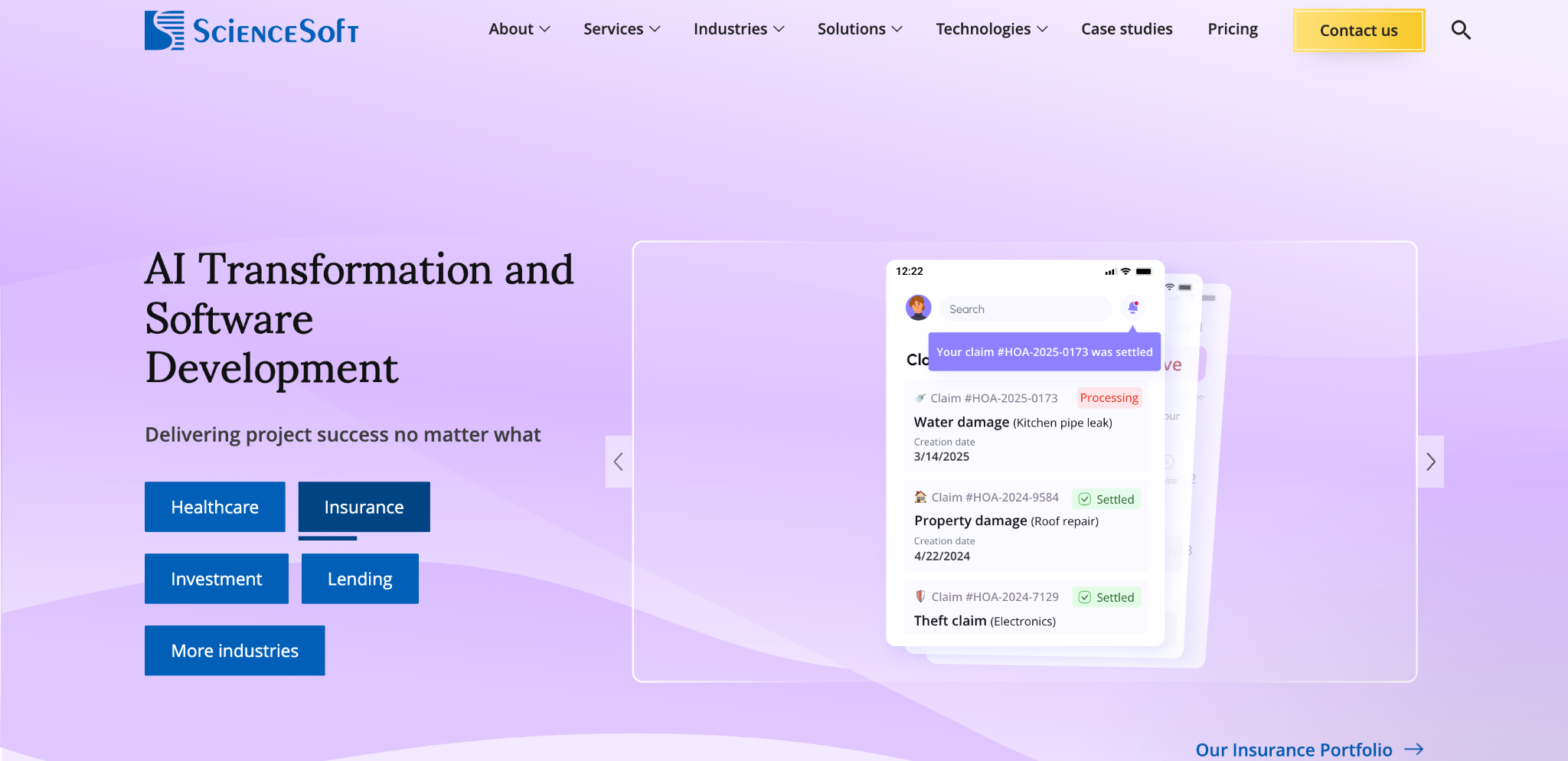 ScienceSoft website homepage presenting its healthcare and enterprise software services